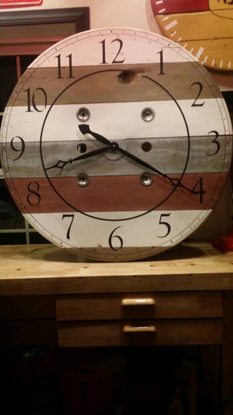 36 Inch Wooden Recycled Wire Spool Clock / Shabby Chic Wall Decor ...