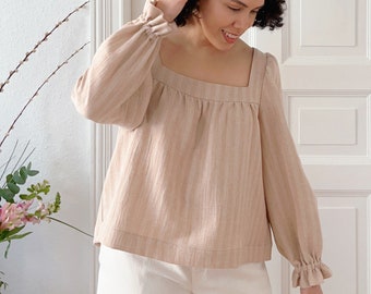 Undyed Organic Cotton ALBA Blouse - Peasant Blouse in Light Brown