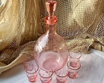 CAMBRIDGE Glass Peachblo Pink Pinch Decanter /6 Tumblers Etch # 695