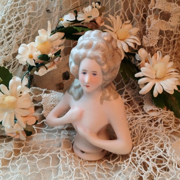 Antique Porcelain Bisque Pincushion Half Doll Courtesan Powered Wig