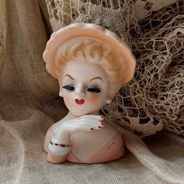 1963 Inarco Mini Head Vase E-774 Young Lady Blonde Hair With Pearls