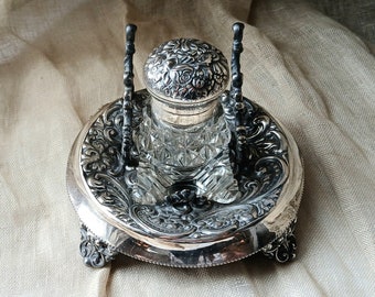 Antique Repousse Silver Plate/ Crystal  Inkwell Stand c1890's