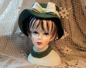 Large DORIS DAY Napcoware Head Vase C-7495 Green Hat/Dress