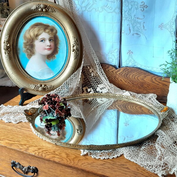 Vintage Ornate Ormolu Mirrored Vanity Tray Jewel Handles