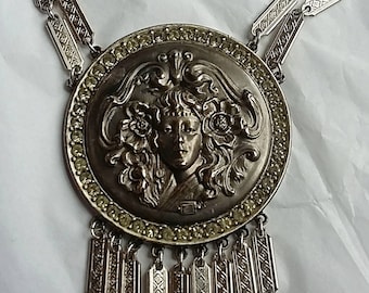 Vintage Goldette Stunning Victorian Revival Necklace, Art Nouveau Woman's Face