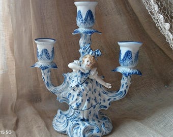 Meissen Blue & White German Porcelain Figural Candelabra