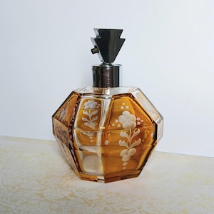 Art Deco Bohemian Czech Etched Amber Cut to Clear Perfume Bottle 1920-40s Non Working, No Atomizer