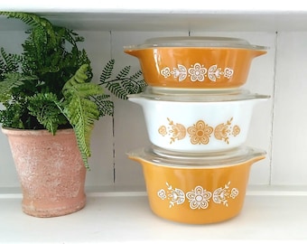 Pyrex "Butterfly Gold" Cinderella Covered Casserole Set, #471,472,473 Complete with Lids