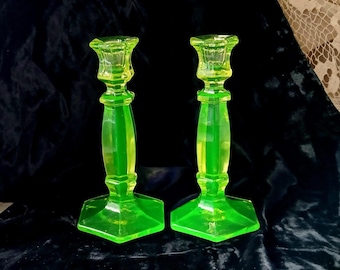 Pair of Topaz Vaseline Uranium Glass Candlesticks, Hexagon Base 7 1/4&quot; Tall c 1940&#39;s