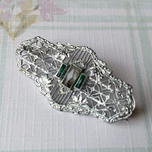 Art Deco Sterling Silver Filigree Pin 3 Stones