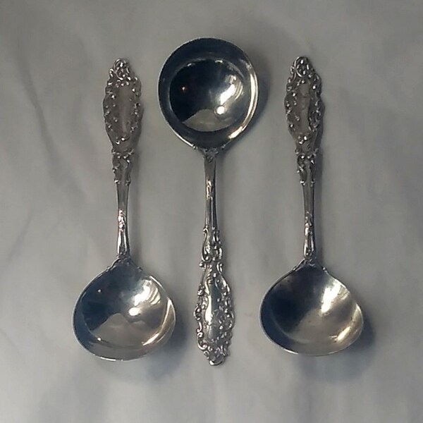 Set /3 1893 Gorham Sterling Silver "Luxembourg" Soup or Bouillon Spoons Monogrammed "S"