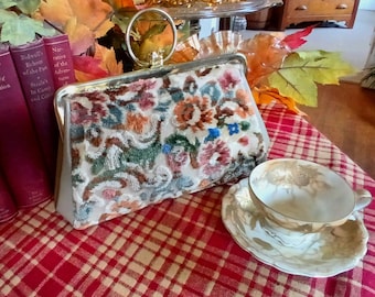 Elegant Vintage Chenille Tapestry Handbag-Raised Floral Chenille-Gold Ring Handle