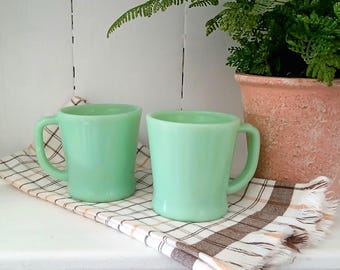 Vintage Fire-King Jadeite D-Handle Mugs Set of 2, Anchor Hocking 1950s, Green Kitchenware