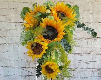 Cascading Brides Sunflower wedding bouquet Buds ferns, eucalyptus with matching bridesmaids and bouts wedding party packages.