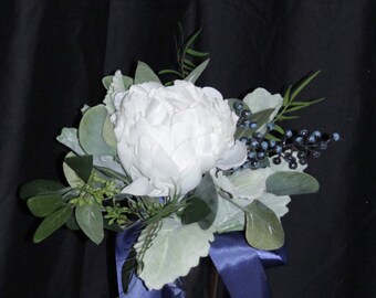 Boho White Bridesmaids bouquet with single peony with seeded eucalyptus, blue berries, ferns and dusty miller. Wrapped in satin ribbon.