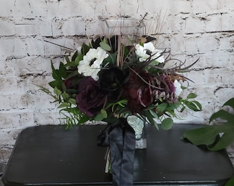 Boho Brides Wedding Bouquet with Eggplant, black and white. Peonies, roses, cabbage roses, anemones and magnolias