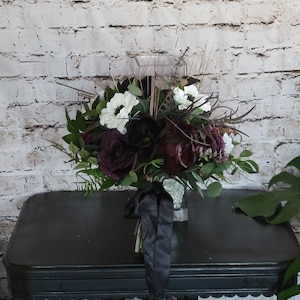 Boho Brides Wedding Bouquet with Eggplant, black and white. Peonies, roses, cabbage roses, anemones and magnolias image 1