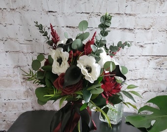 Boho Brides Burgundy Black and white wedding bouquet, amenome roses and calla lilies with an abundance of greenery
