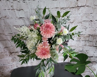 Boho Brides bouquet in white,blush, mauve. With dahlias, garden roses and astilbe, real touch eucalyptus and fern.