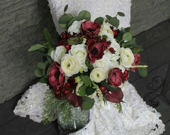 Winter Wedding Bouquet with Burgundy and ivory. Anemones, calla lilies, roses and ranunculus