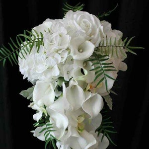 Brides cascading wedding bouquet, white calla lilies, white orchids, hydrangeas and roses, dusty miller and Sage Ferns image 1