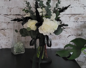 Black and white Brides wedding bouquet with Real touch eucalyptus