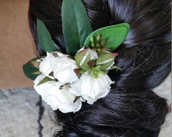 White Cabbage Rose floral fascinator with seeded eucalyptus mounted on a silver hair comb. Elegant and simple. Veil alternative.