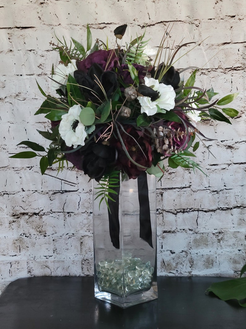 Boho Brides Wedding Bouquet with Eggplant, black and white. Peonies, roses, cabbage roses, anemones and magnolias image 5