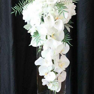 Brides cascading wedding bouquet, white calla lilies, white orchids, hydrangeas and roses, dusty miller and Sage Ferns image 2