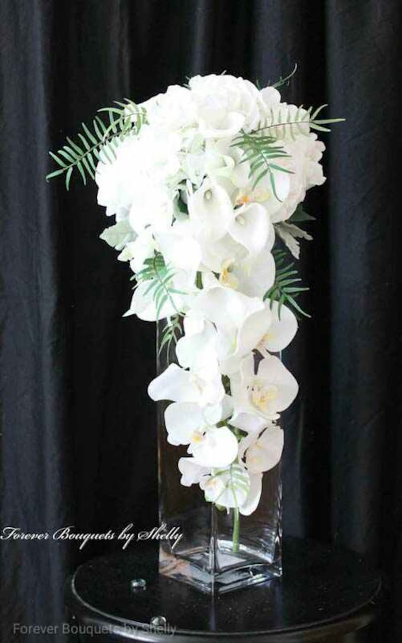 Brides cascading wedding bouquet, white calla lilies, white orchids, hydrangeas and roses, dusty miller and Sage Ferns image 2
