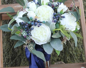 Boho wedding garden bouquet with White Cabbage roses, long leaf seeded eucalyptus, fern, lambs ear and navy berries, Wrapped in navy blue