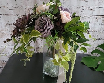 Boho Brides wedding bouquet in lavender and blush, with drapping greenery, amarthus real touch eucalyptus and fern