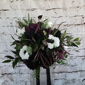 Boho Brides Wedding Bouquet with Eggplant, black and white. Peonies, roses, cabbage roses, anemones and magnolias image 3