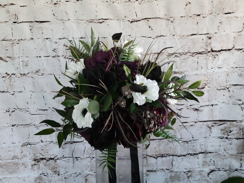Boho Brides Wedding Bouquet with Eggplant, black and white. Peonies, roses, cabbage roses, anemones and magnolias image 3