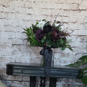 Boho Brides Wedding Bouquet with Eggplant, black and white. Peonies, roses, cabbage roses, anemones and magnolias image 6