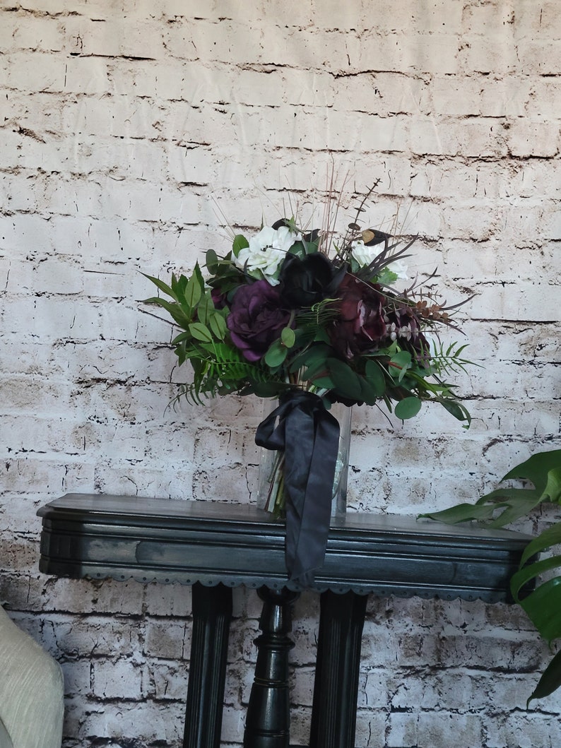 Boho Brides Wedding Bouquet with Eggplant, black and white. Peonies, roses, cabbage roses, anemones and magnolias image 6