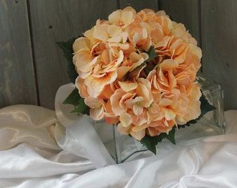 Small Hydrangea bouquet for Bridesmaids or toss in colors, light blue, light pink, cream, white, peach. Satin ribbon or lace.