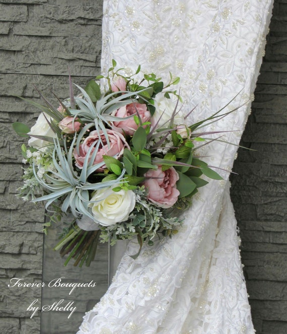 Boho Wedding Bouquet With Dusty Rose Cupped Roses White Etsy