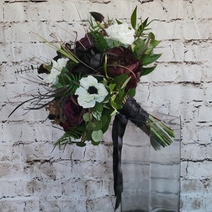 Boho Brides Wedding Bouquet with Eggplant, black and white. Peonies, roses, cabbage roses, anemones and magnolias image 7