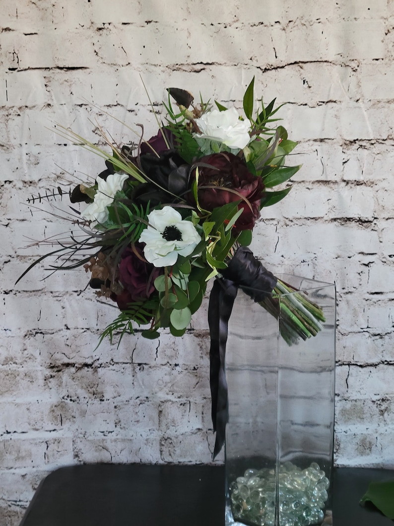 Boho Brides Wedding Bouquet with Eggplant, black and white. Peonies, roses, cabbage roses, anemones and magnolias image 7