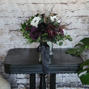 Boho Brides Wedding Bouquet with Eggplant, black and white. Peonies, roses, cabbage roses, anemones and magnolias image 4