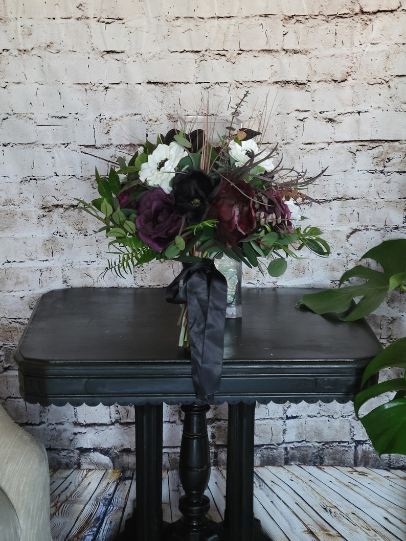 Boho Brides Wedding Bouquet with Eggplant, black and white. Peonies, roses, cabbage roses, anemones and magnolias image 4