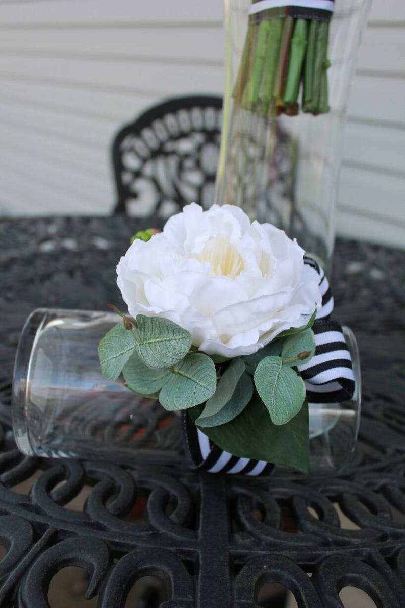White peony wrist corsage with real touch ficus leaves and Etsy