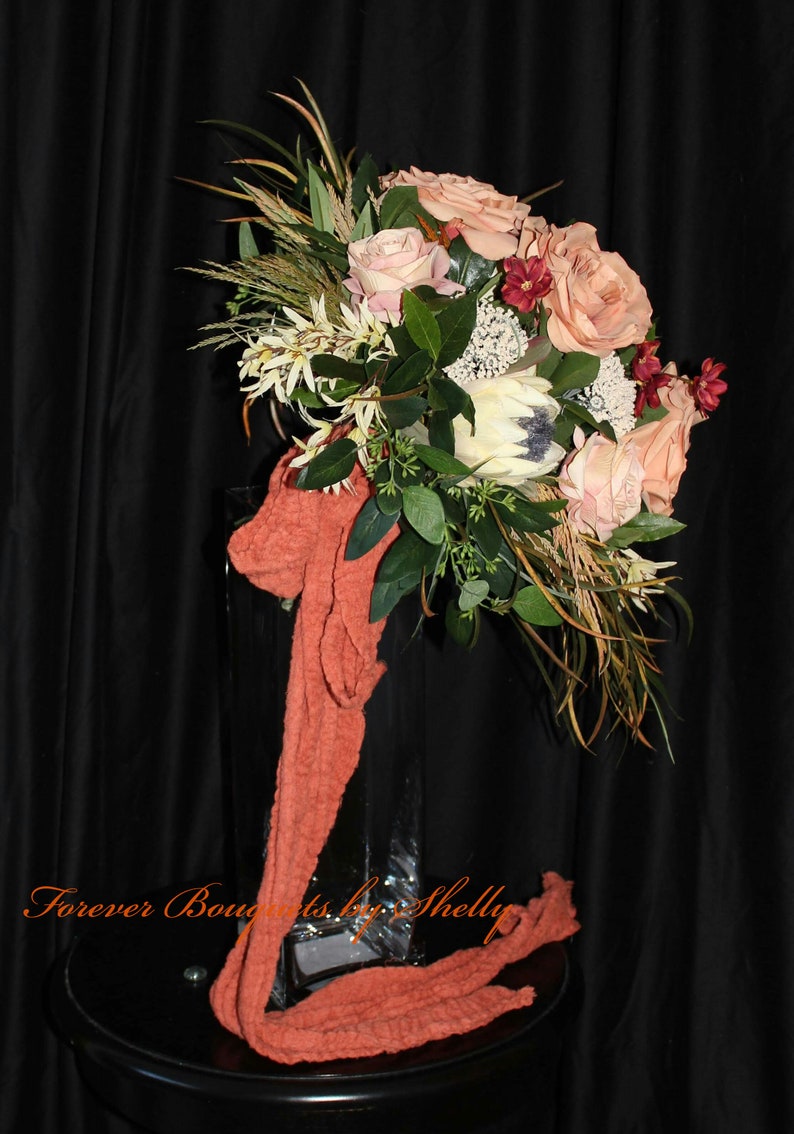 Roses Boho Wedding Bouquet In Dusty Orange Champagne And Rust Siena Queen Anne S Lace Orchids And Protea Seeded Eucalyptus Bouquets Weddings Nhomkinhhoapho Com
