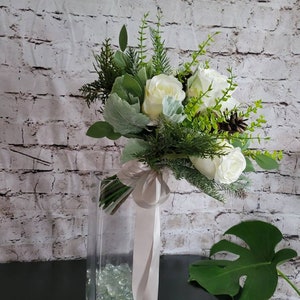 Winter Boho bouquet with White roses, and pine cones, evergreen and eucalyptus and dusty miller. image 2