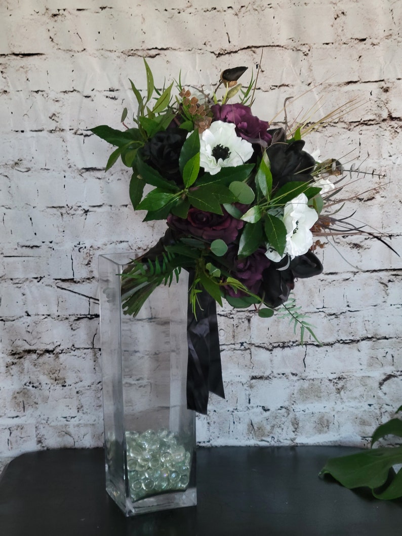 Boho Brides Wedding Bouquet with Eggplant, black and white. Peonies, roses, cabbage roses, anemones and magnolias image 2