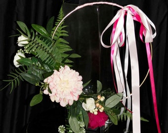 Boho Berry tones Spring wedding floral hoop with Dahlia in variegated white/pink. Fushia english rose bud and tea roses. Ferns/eucalyptus