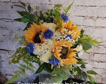 Boho Light yellow sunflower bouquet with cornflowers and ranunculus and real touch eucalyptus and ferns