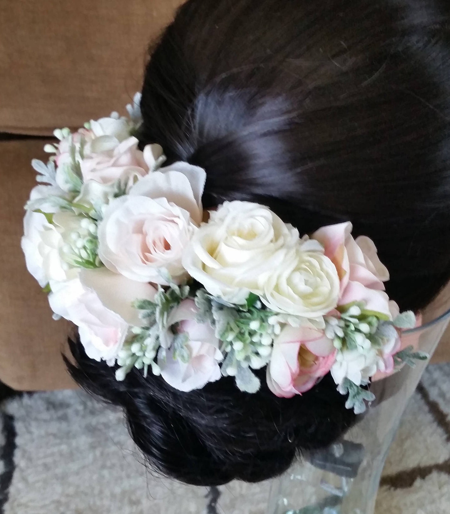 Large Boho Floral Fascinator in Blush and Cream. With Dusty Miller and Flocked Seeded Eucalyptus