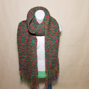Multi coloured hand knitted scarf